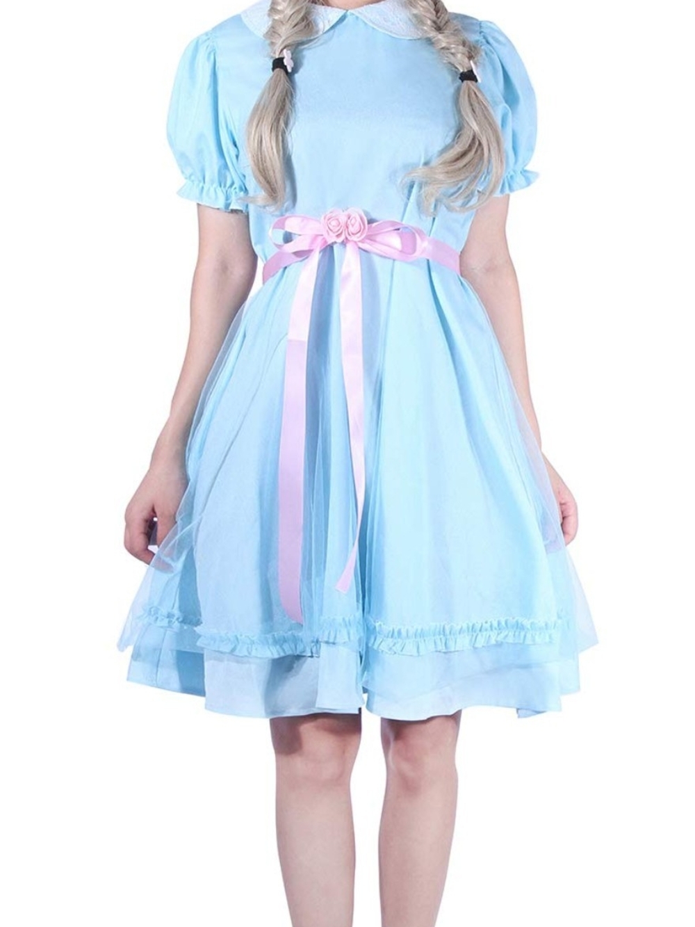 Light Blue Puff-Sleeve Dress with Pink Bow
